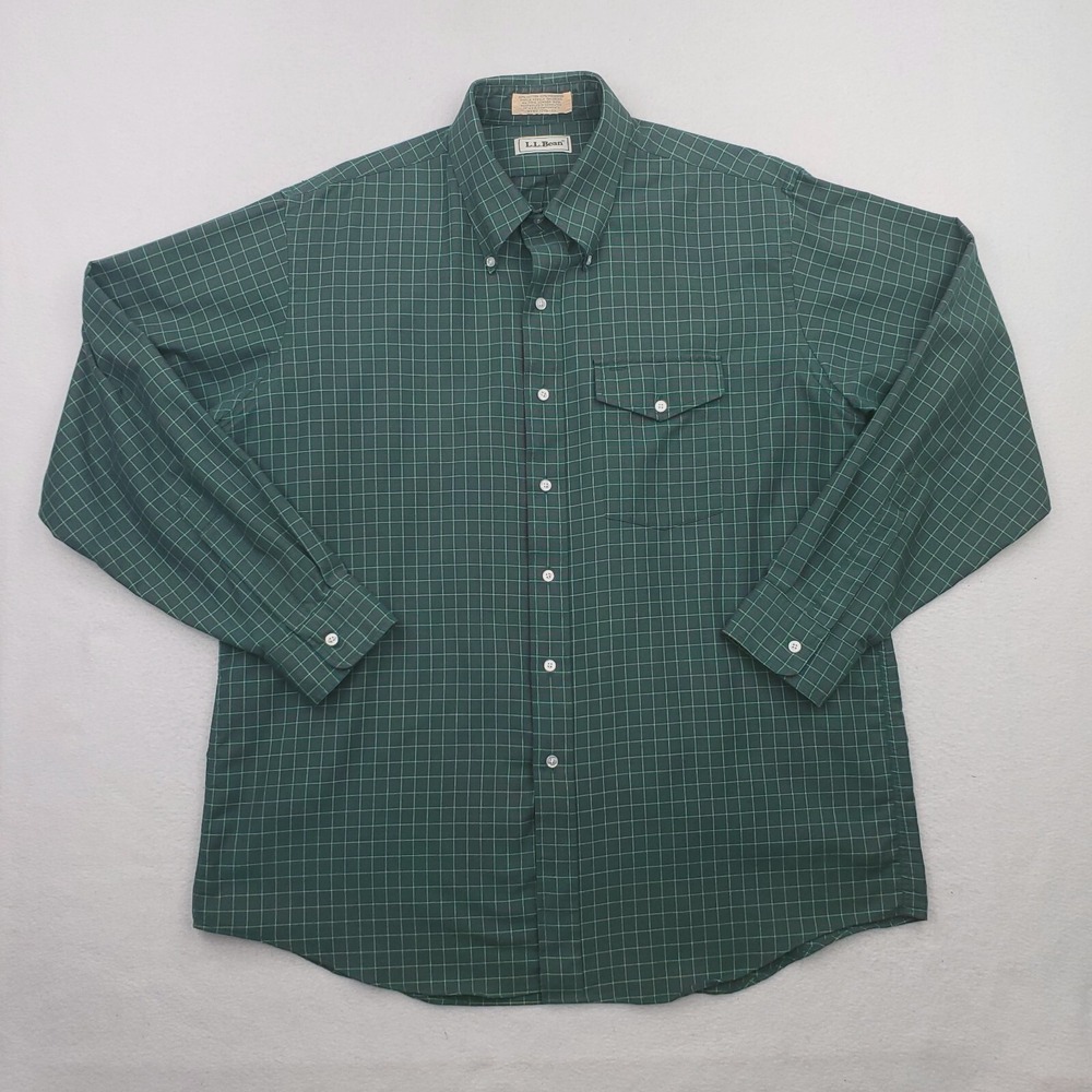 Vintageβ LL Bean Shirt Mens 17.5 Green Check Button Down Long Sleeve Outdoor
